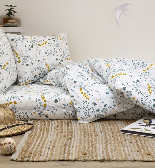 Lençol de algodão orgânico com padrão Yukari para cama individual