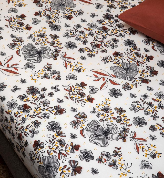 Drap housse en Coton Bio - Motif fleurs - pour lit 1 personne