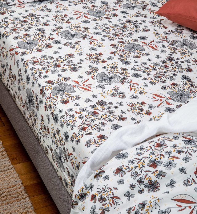 Parure Drap plat + drap-housse 160x200 + 2 T - Pur coton 57 fils - Flora