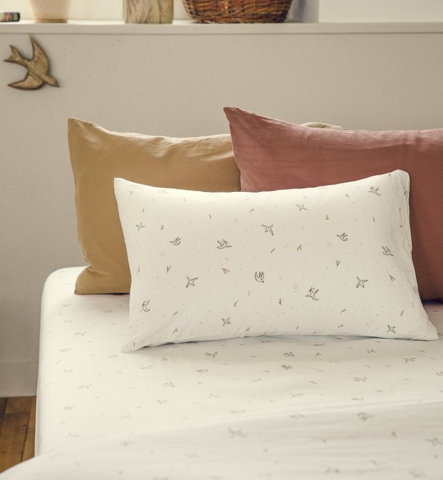 Drap plat enfant ecru à motif oiseaux l'Envolée- Coton bio - 180x290 cm