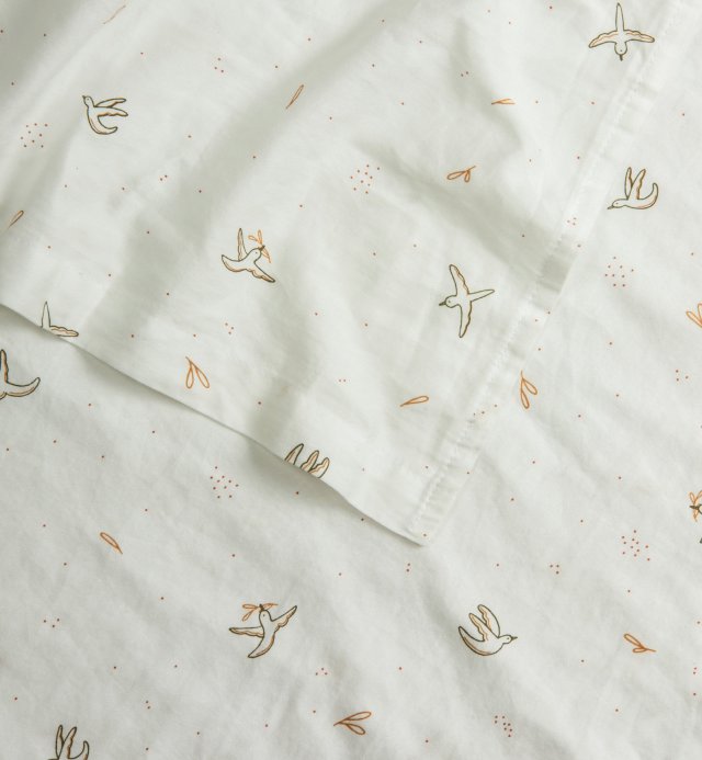 Drap plat Bébé ecru à motif oiseaux l'Envolée- Coton bio - 120x180 cm