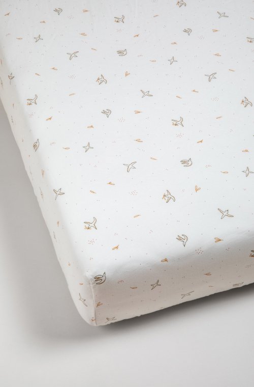Drap housse lit enfant motifs oiseaux l'envolée en 100% Coton Bio certifié GOTS 90x190cm 90x200cm