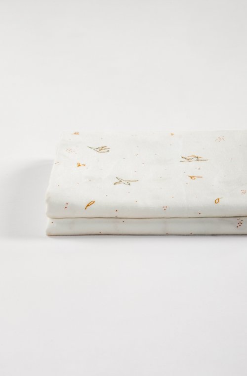 Drap plat enfant ecru à motif oiseaux l'Envolée- Coton bio - 180x290 cm