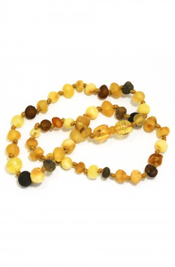 Baby amber necklace with multicolored round pearls with safety clasp