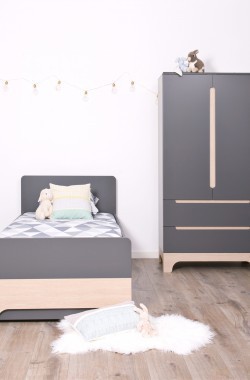 Lit en bois gris clair 90x200cm Calvi + sommier acier + tiroir de lit