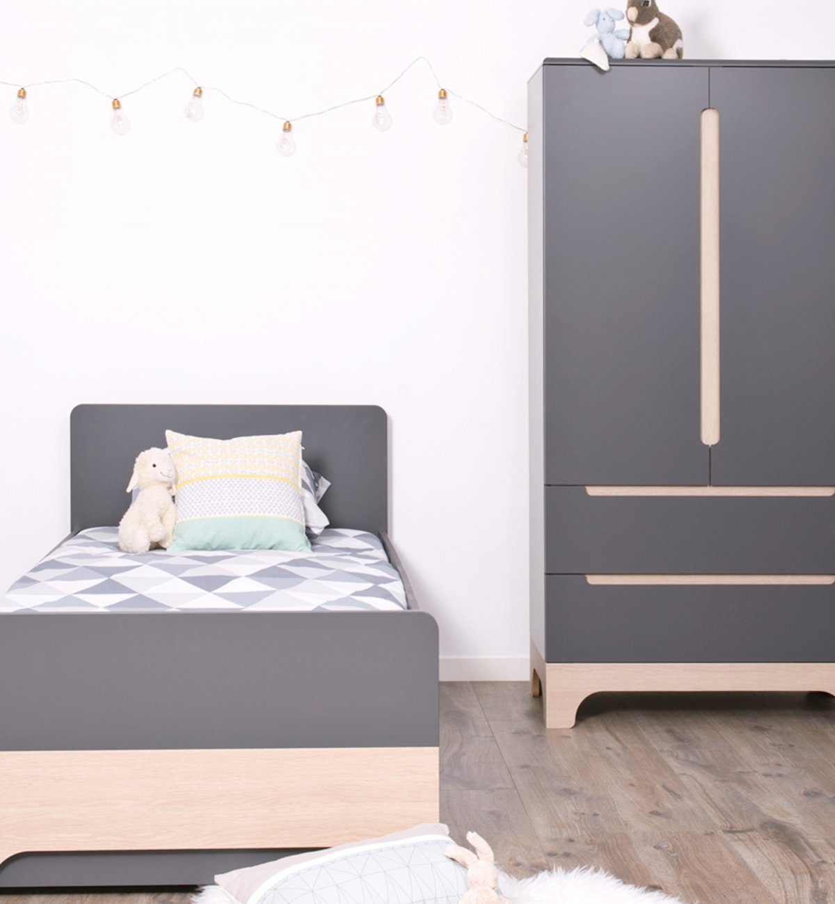 Lit en bois gris clair 90x200cm Calvi + sommier acier + tiroir de lit