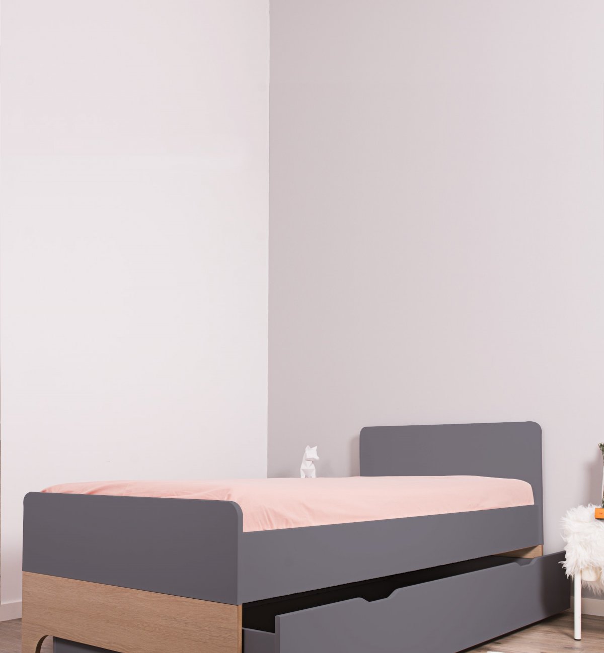 Children's wooden bed with anthracite/wooden bed drawer - Kadolis