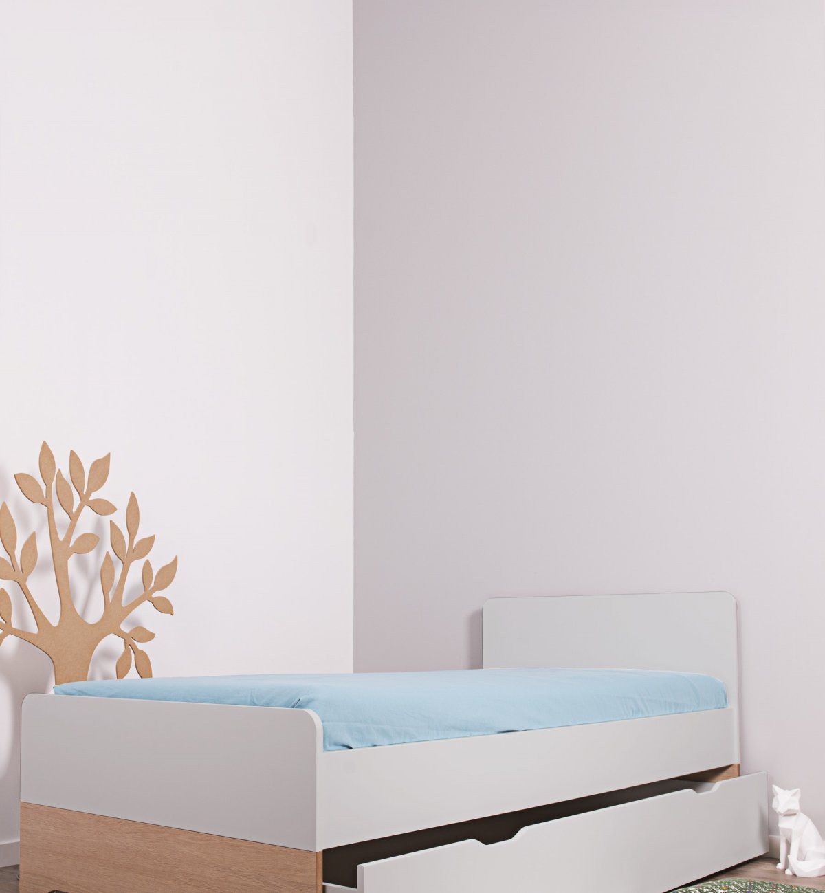 Letto 90x200cm grigio chiaro / legno + cassetto del letto Calvi - Kadolis
