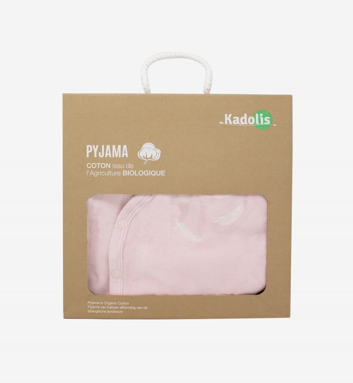 Pijama bebê em algodão orgânico com padrões de penas brancas Kadolis