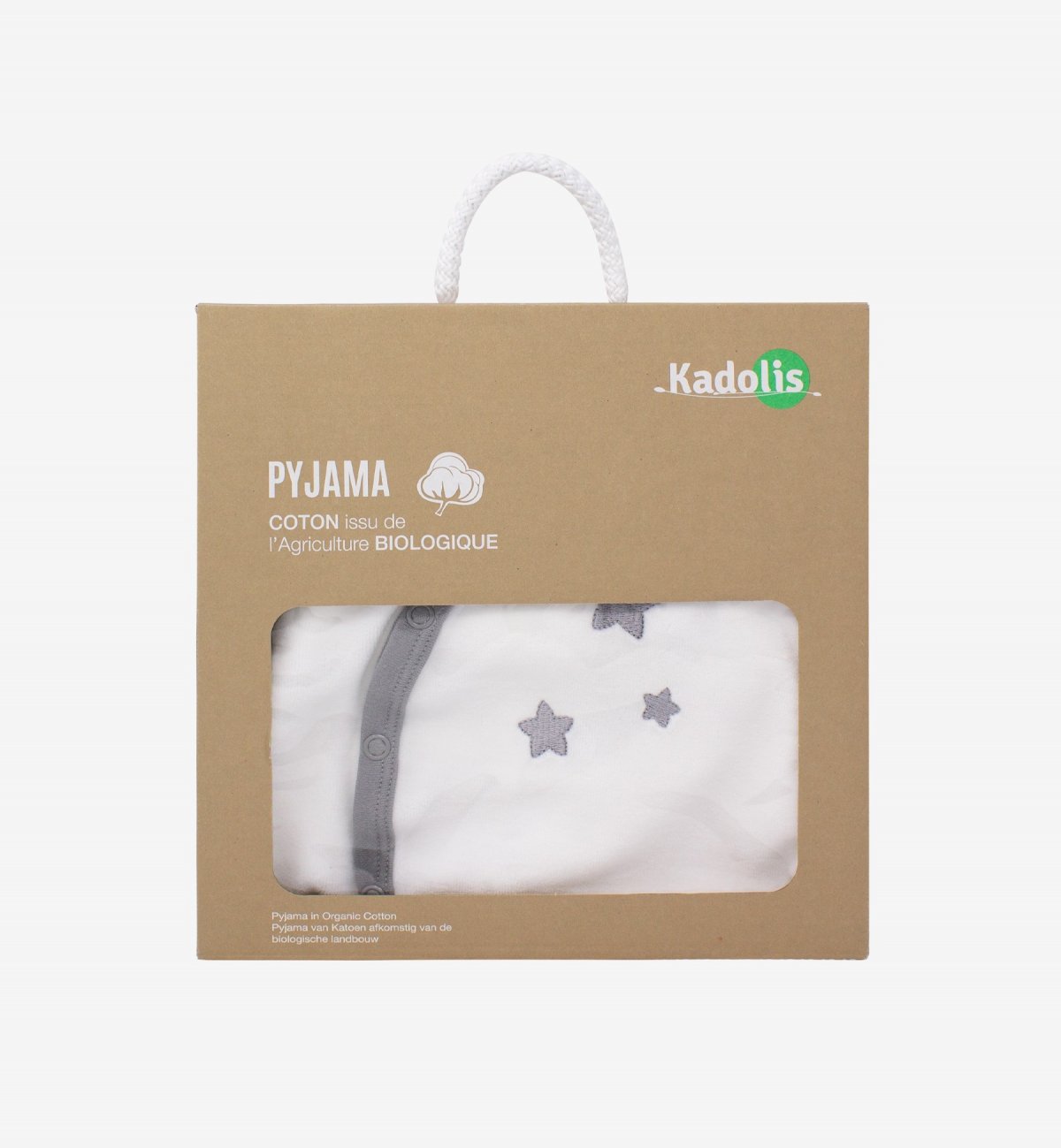 Baby pyjama in biokatoen wit met Kadolis-stermotieven in de kleur Biologisch Katoen