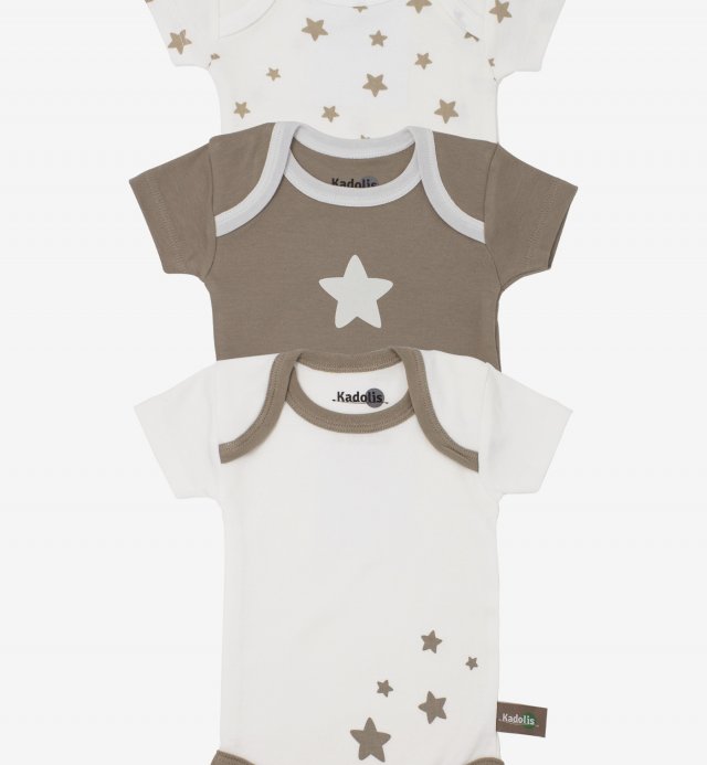 Short sleeved bodysuit in Organic Cotton with star patterns (x 3) Kadolis